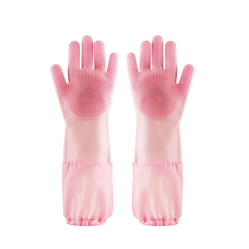 Silicone Dishwashing Gloves Female Waterproof Household Lengthening Plus Velvet Treyfe