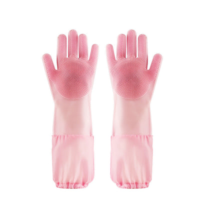 Silicone Dishwashing Gloves Female Waterproof Household Lengthening Plus Velvet Treyfe