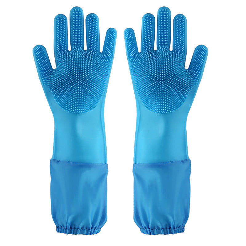 Silicone Dishwashing Gloves Female Waterproof Household Lengthening Plus Velvet Treyfe