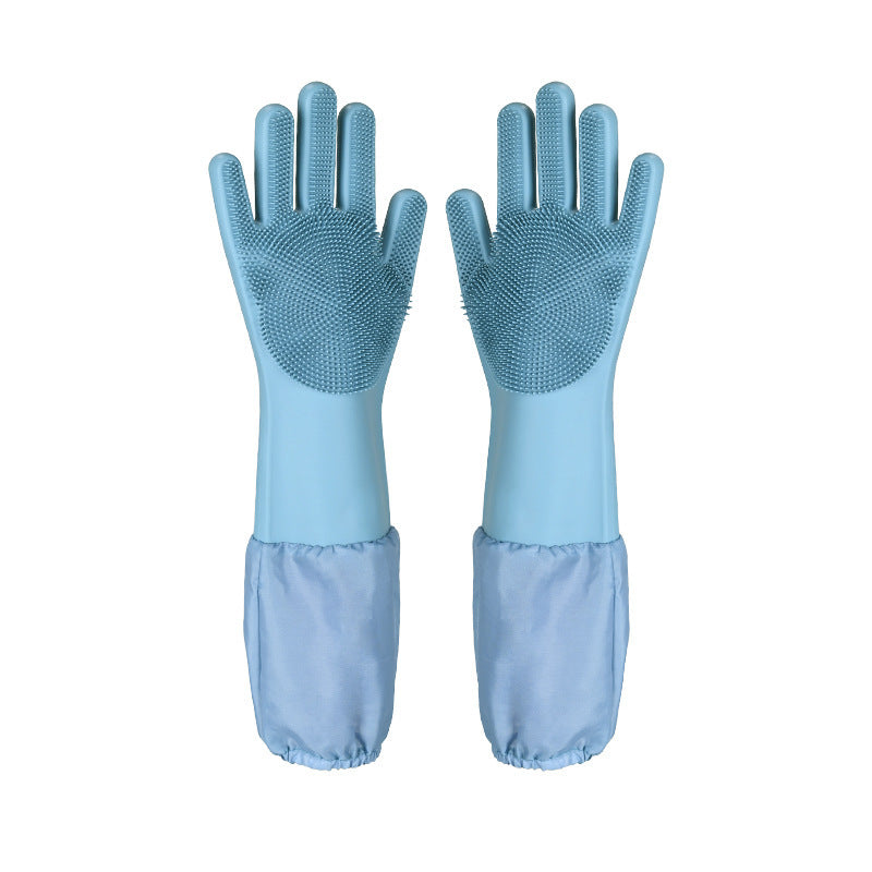 Silicone Dishwashing Gloves Female Waterproof Household Lengthening Plus Velvet Treyfe