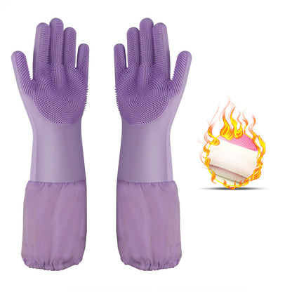 Silicone Dishwashing Gloves Female Waterproof Household Lengthening Plus Velvet Treyfe