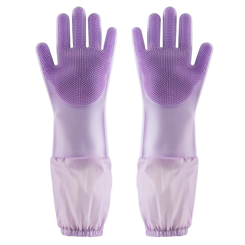 Silicone Dishwashing Gloves Female Waterproof Household Lengthening Plus Velvet Treyfe