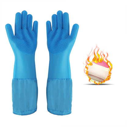 Silicone Dishwashing Gloves Female Waterproof Household Lengthening Plus Velvet Treyfe