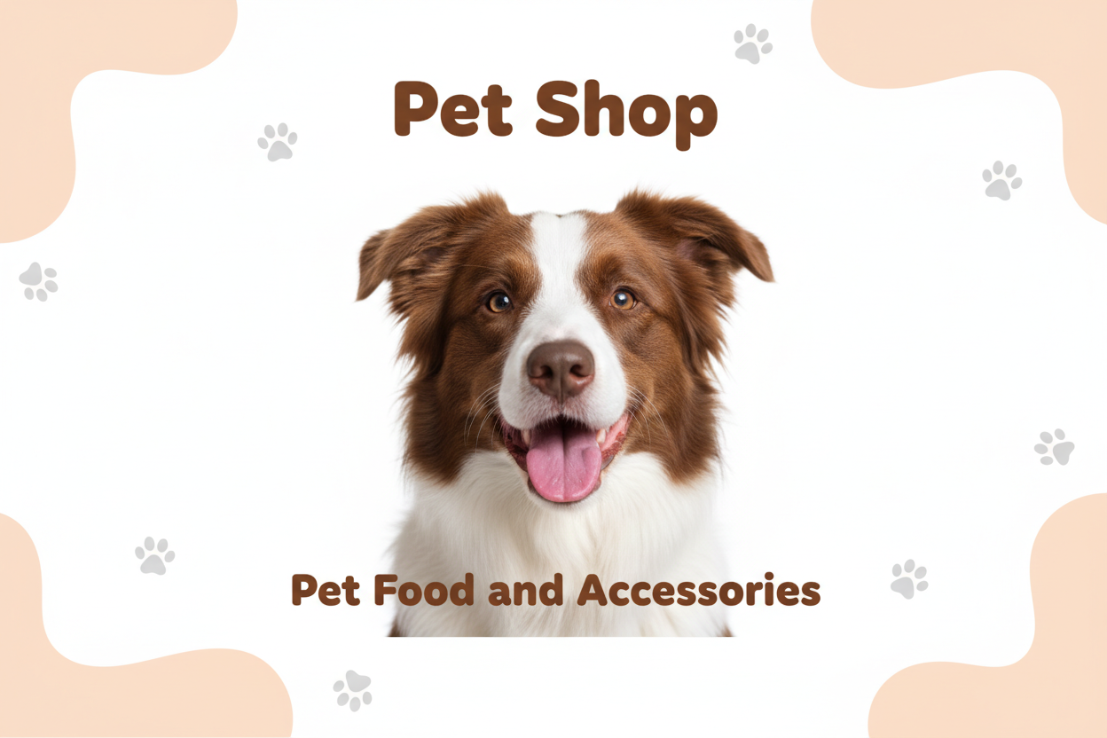 Create a modern pet shop banner featuring a happy brown-and-white dog in the center, smiling and looking at the camera. Use a clean white background with soft peach-colored abstract shapes around the corners. Include small, subtle paw print graphics. Text placeholder: 'Pet Shop - Pet Food and Accessories' in a friendly, readable font. Minimalistic, warm, and welcoming style. Suitable for online advertisement or website header.