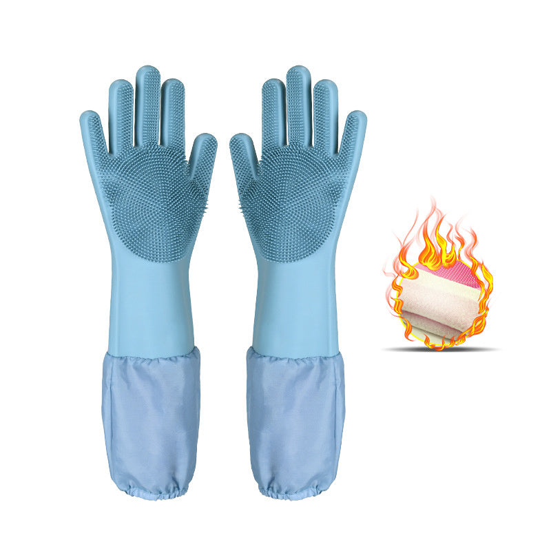 Silicone Dishwashing Gloves Female Waterproof Household Lengthening Plus Velvet Treyfe